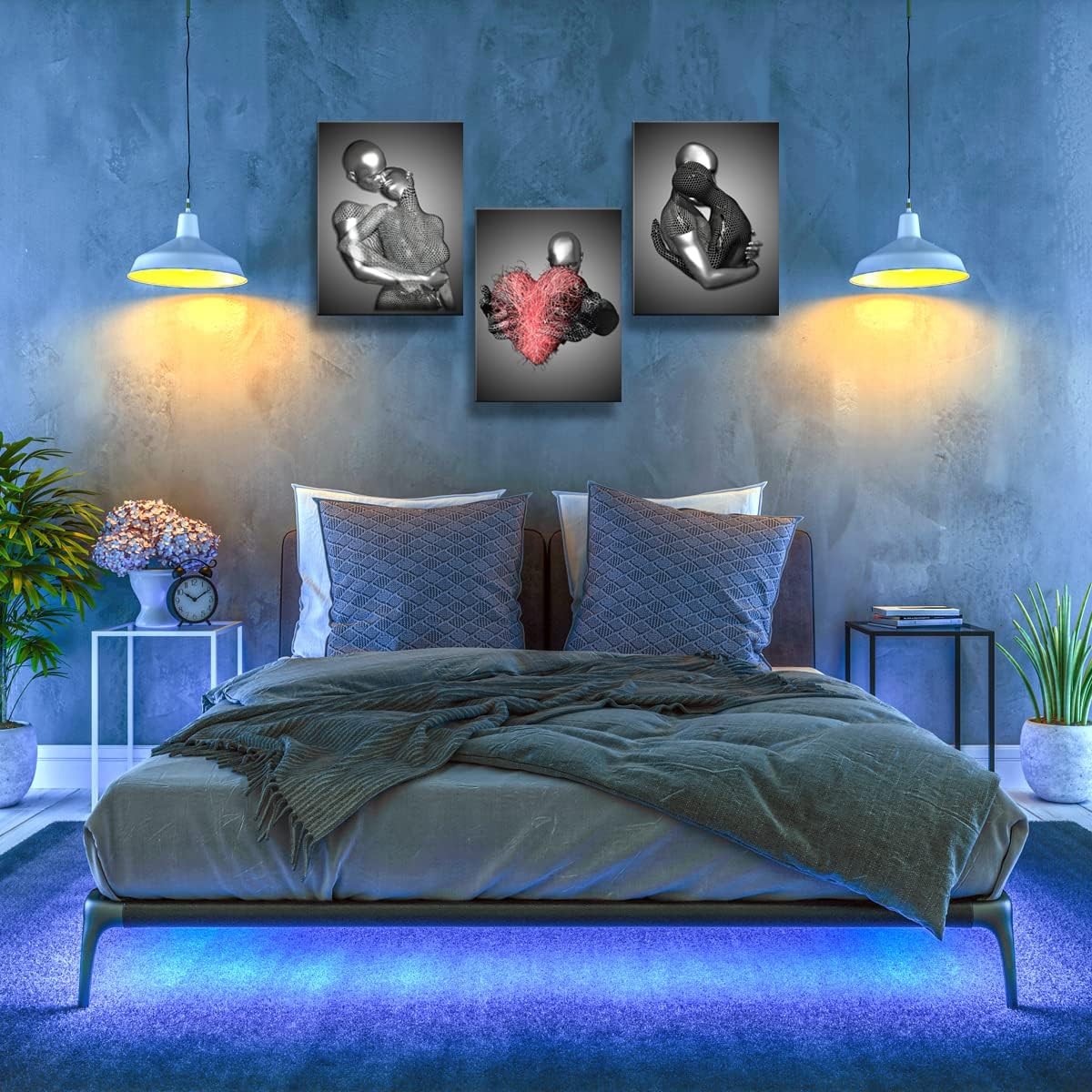 Grey Black 3D Love Heart Canvas Wall Art Set of 3