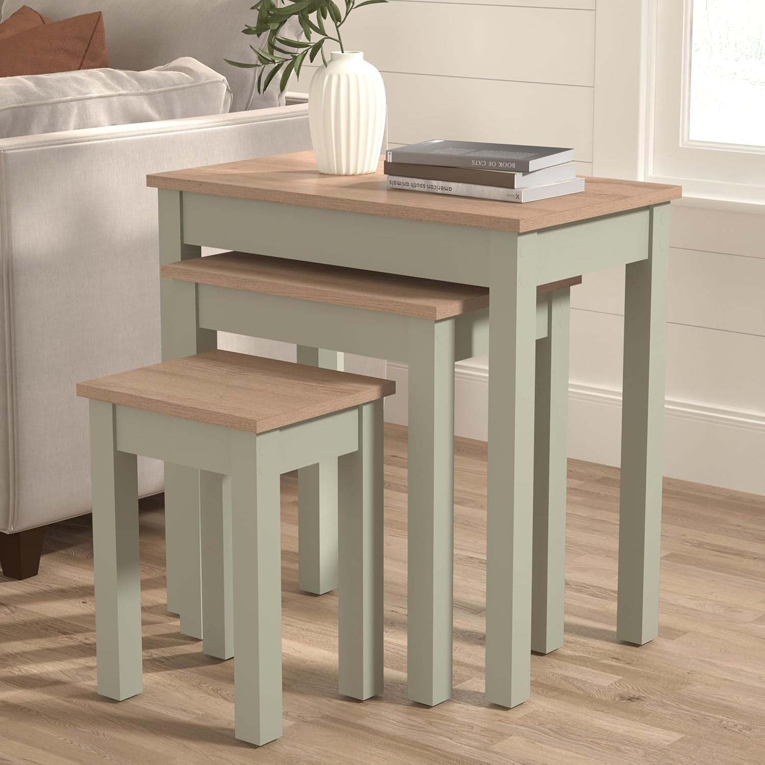 Space-Saving Nesting Coffee Tables Set of 3 Wood Side End Table Sage Green/Oak