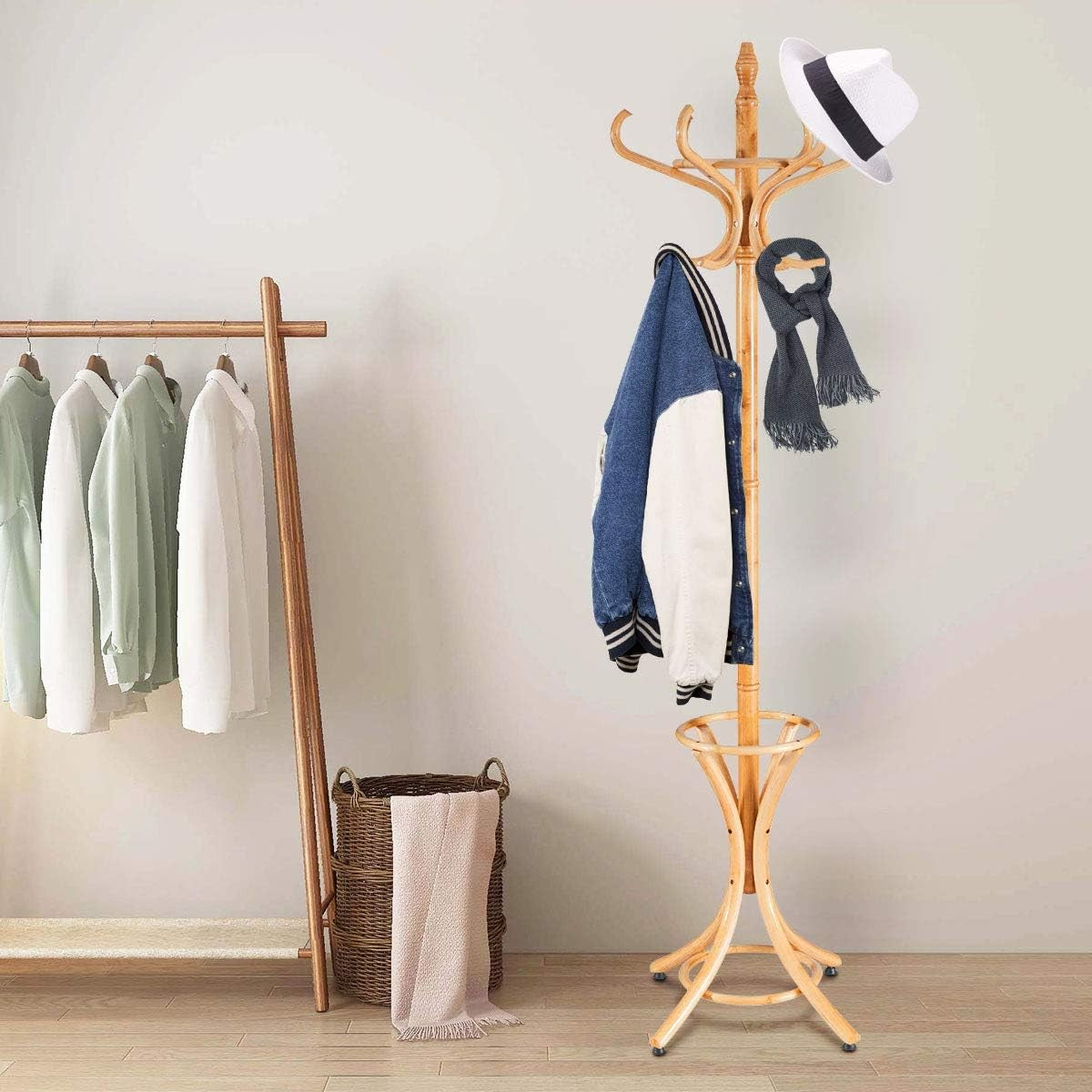 Multigot Coat Rack, Wooden Hat Clothes Hall Tree Hanger with Umbrella Holder and