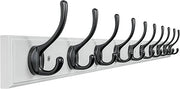 White Wall Mounted Coat Rack 97cm | 10 Heavy Duty Hooks Wooden Hanger Rail