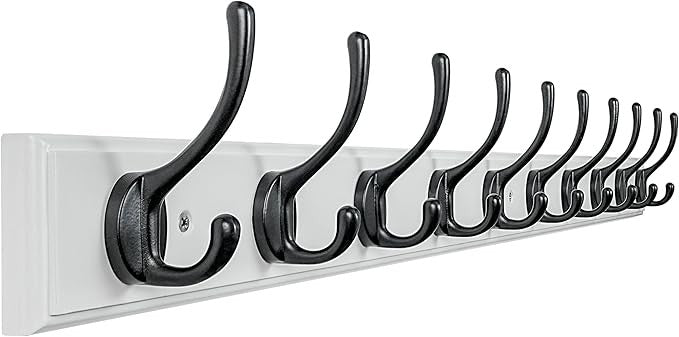White Wall Mounted Coat Rack 97cm | 10 Heavy Duty Hooks Wooden Hanger Rail
