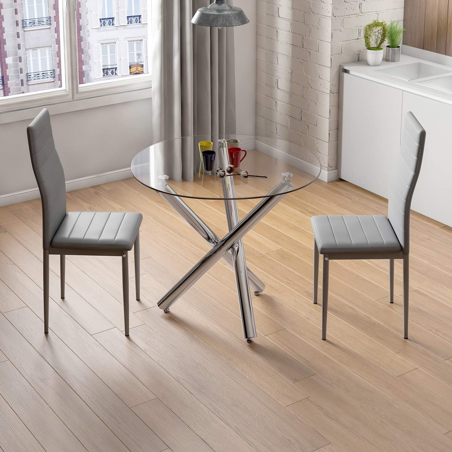 90cm Round Glass Dining Table Set with 2 Grey Faux PU Leather Chairs
