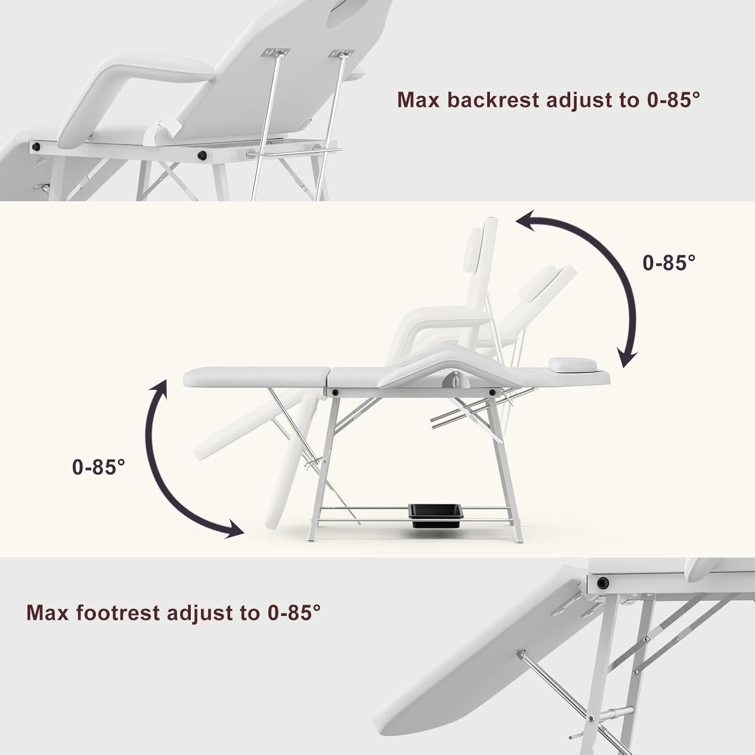 Portable 3-Section Massage Table Folding Beauty Spa Bed w/ Storage Tray White