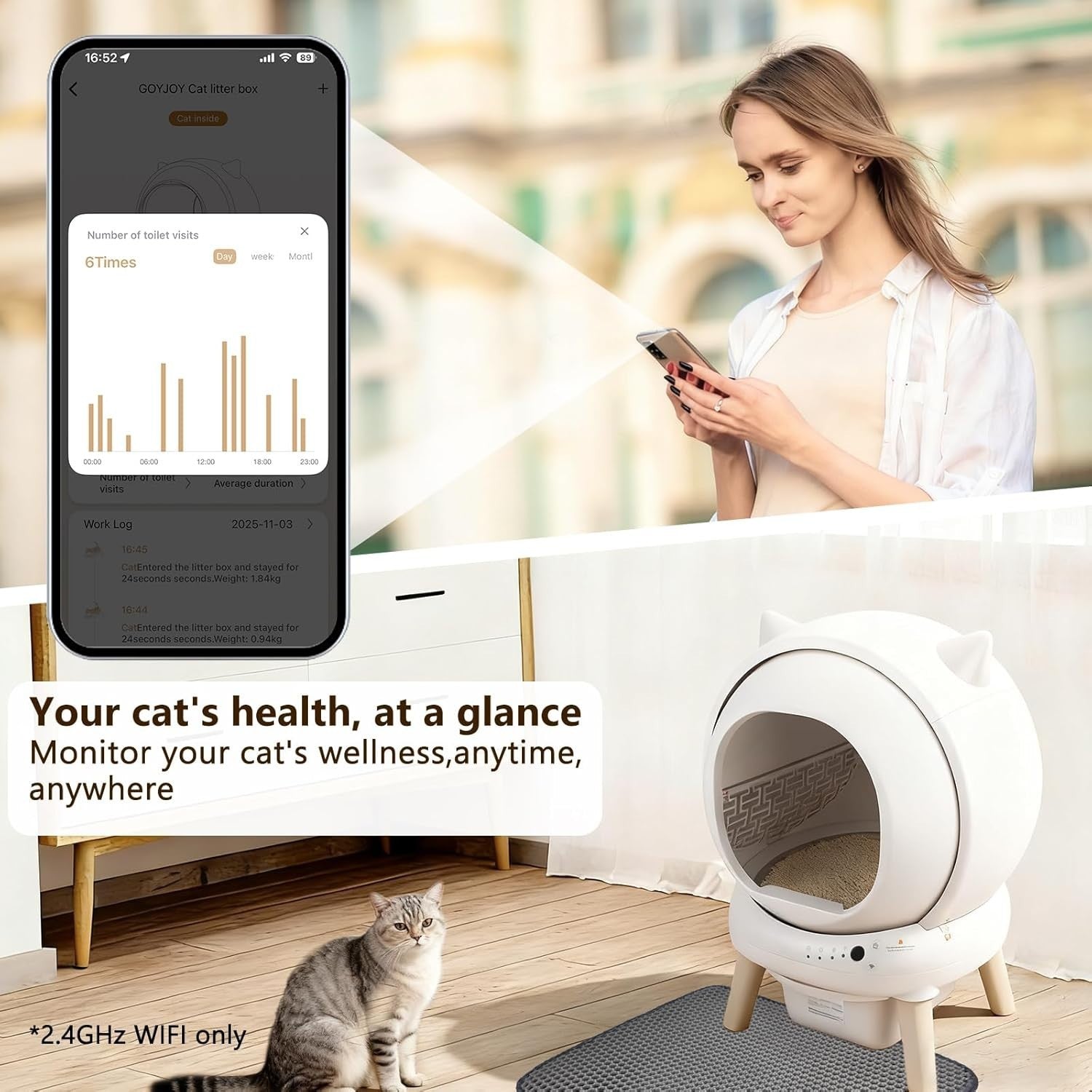 XL Self Cleaning Cat Litter Box App Control Auto Odor Removal 65L
