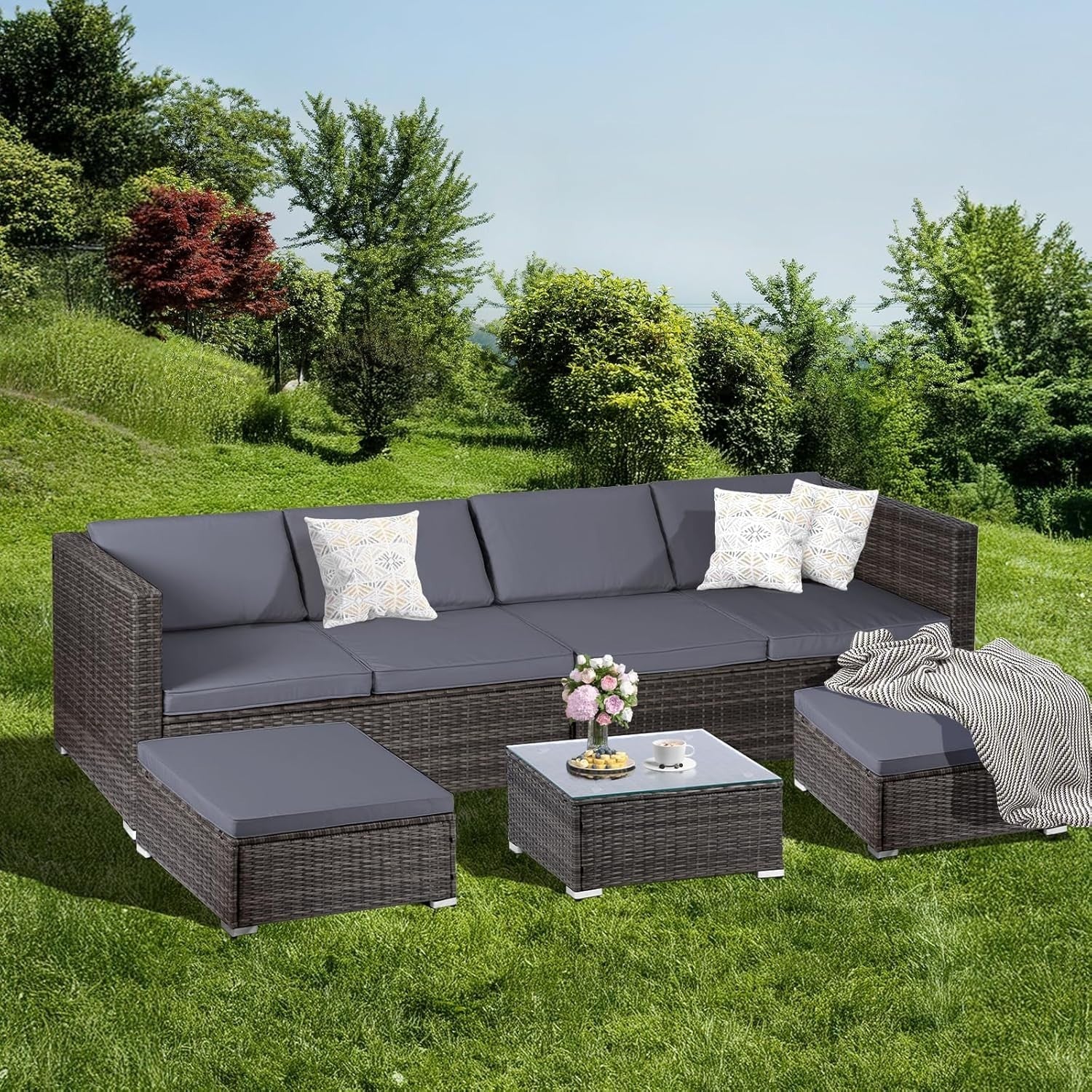 6 Seater Rattan Garden Sofa Set | Modular Patio Lounge with Cushions & Table