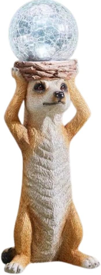 Solar LED Meerkat Garden Ornament with Crackle Glass Ball 37cm Resin Outdoor
