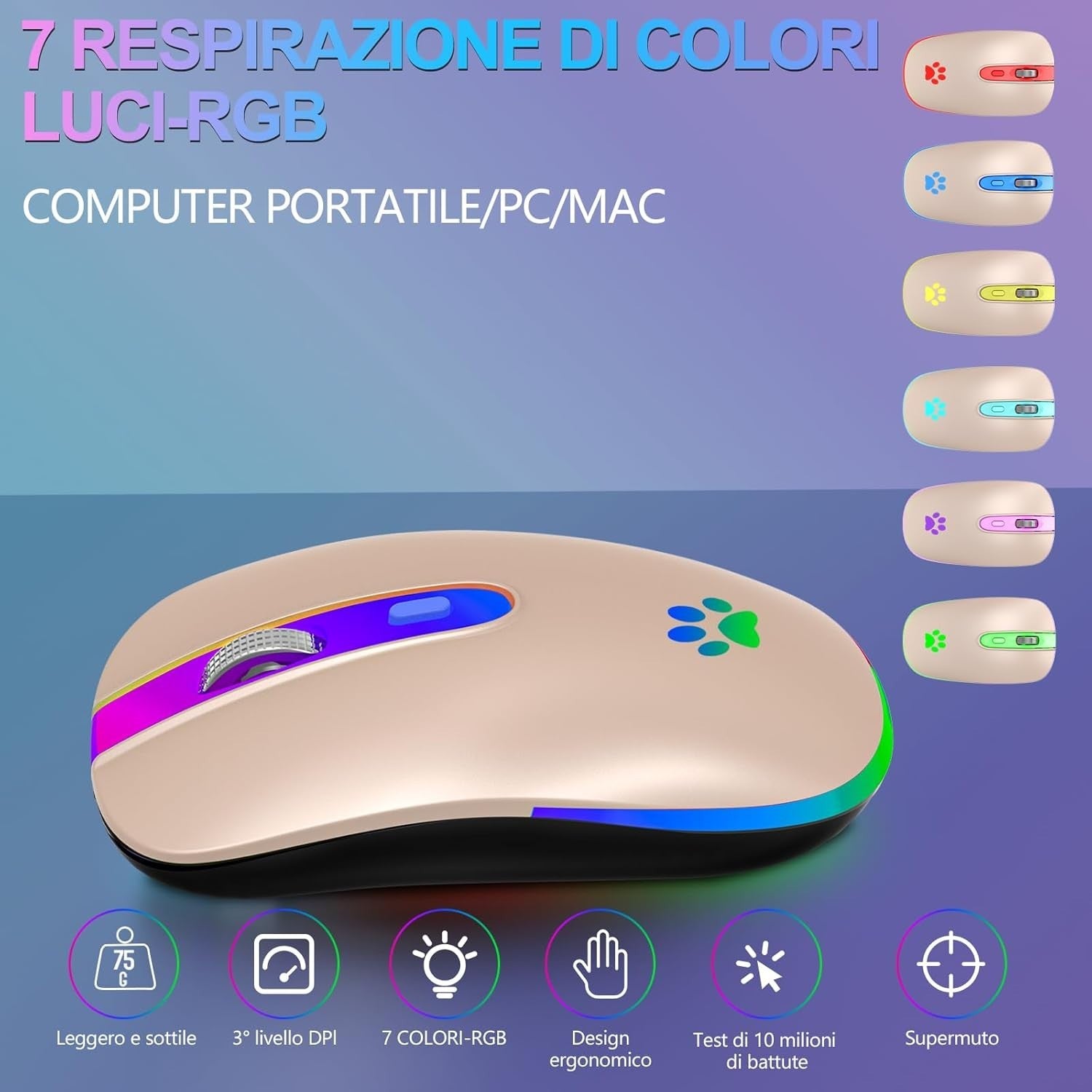 Pink Rechargeable Wireless Mouse Bluetooth 1600 DPI RGB USB