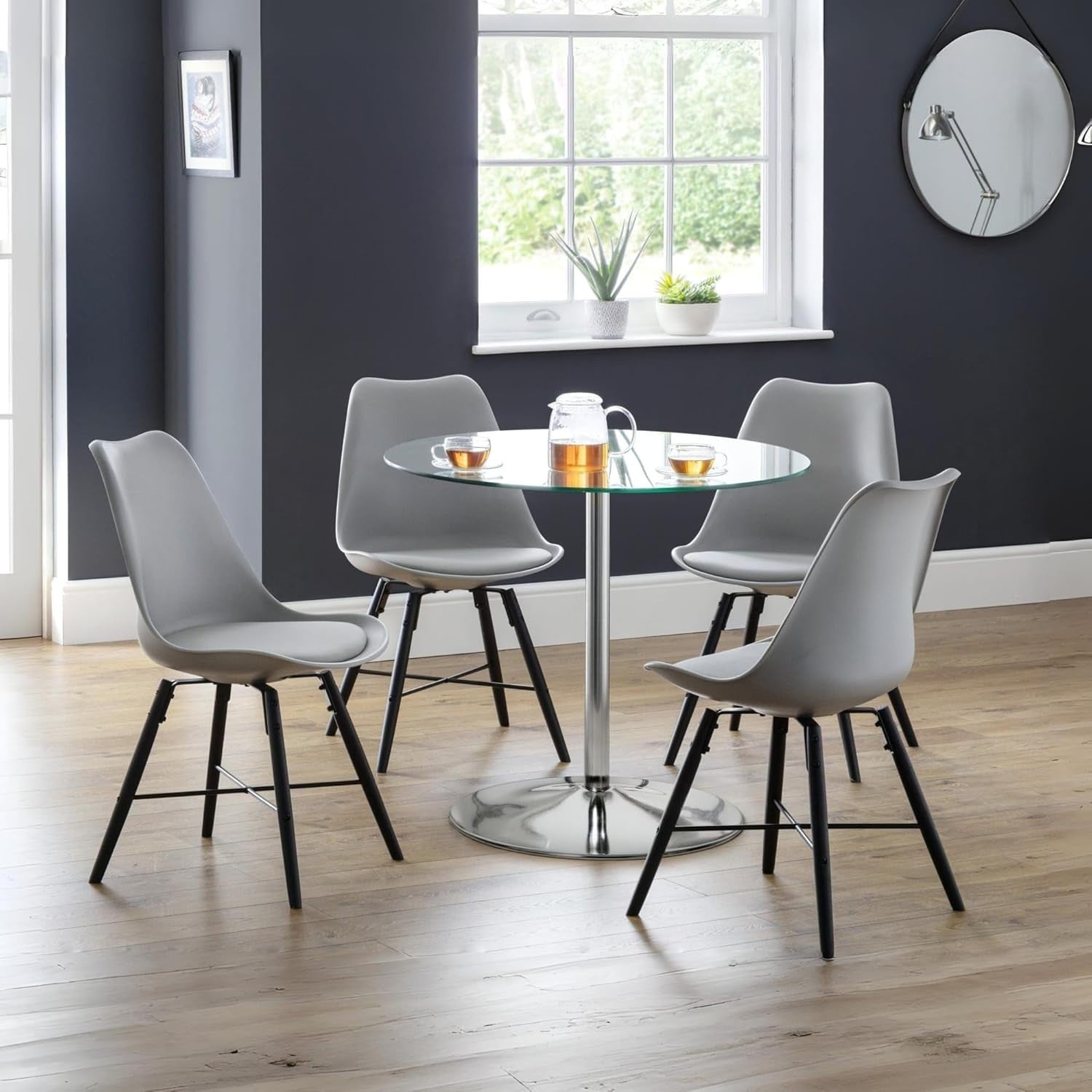 Round Chrome Glass Pedestal Dining Table Modern Small Space Kitchen Table