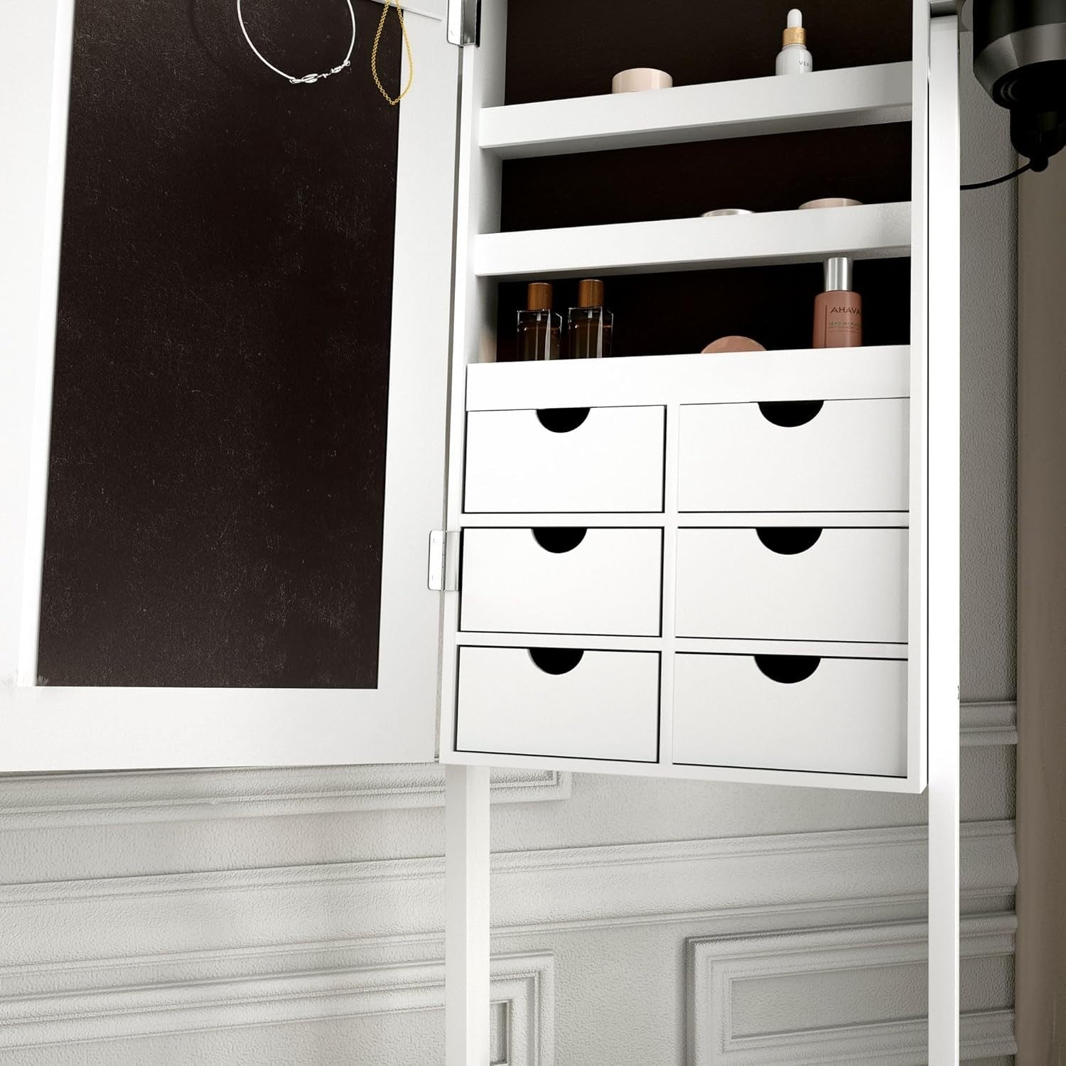 White LED Jewellery Cabinet Full Length Mirror with 6 Drawers Storage