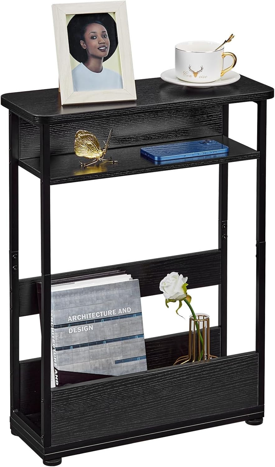 Slim Black Side Table for Small Spaces – 3-Tier Storage Bedside Unit 55cm