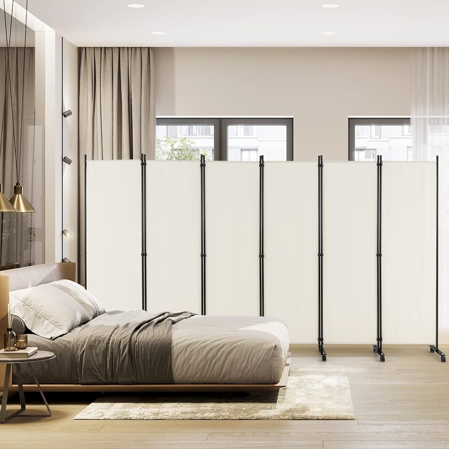 6 Panel White Folding Room Divider Privacy Screen Metal Frame 335x172cm