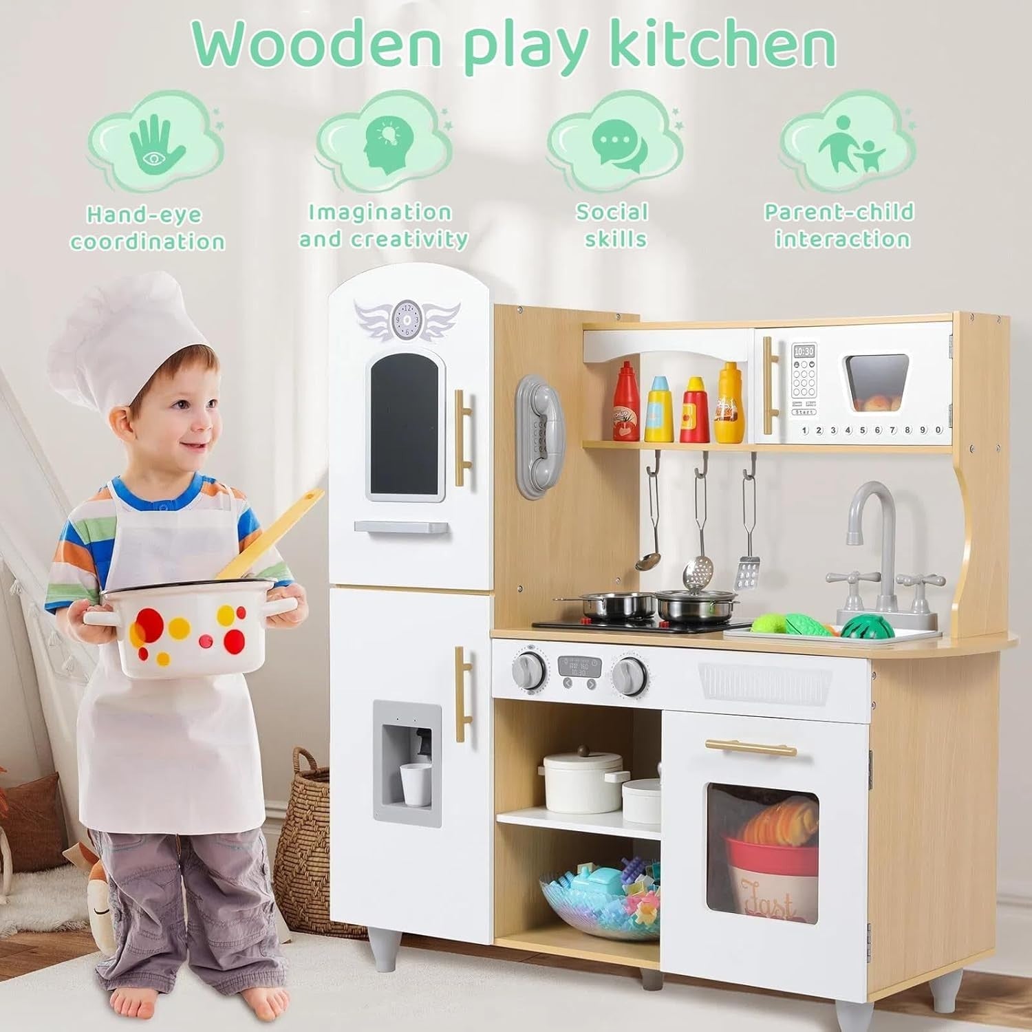 Kids Wooden Play Kitchen w/ Lights Sounds Ice Cream Maker
