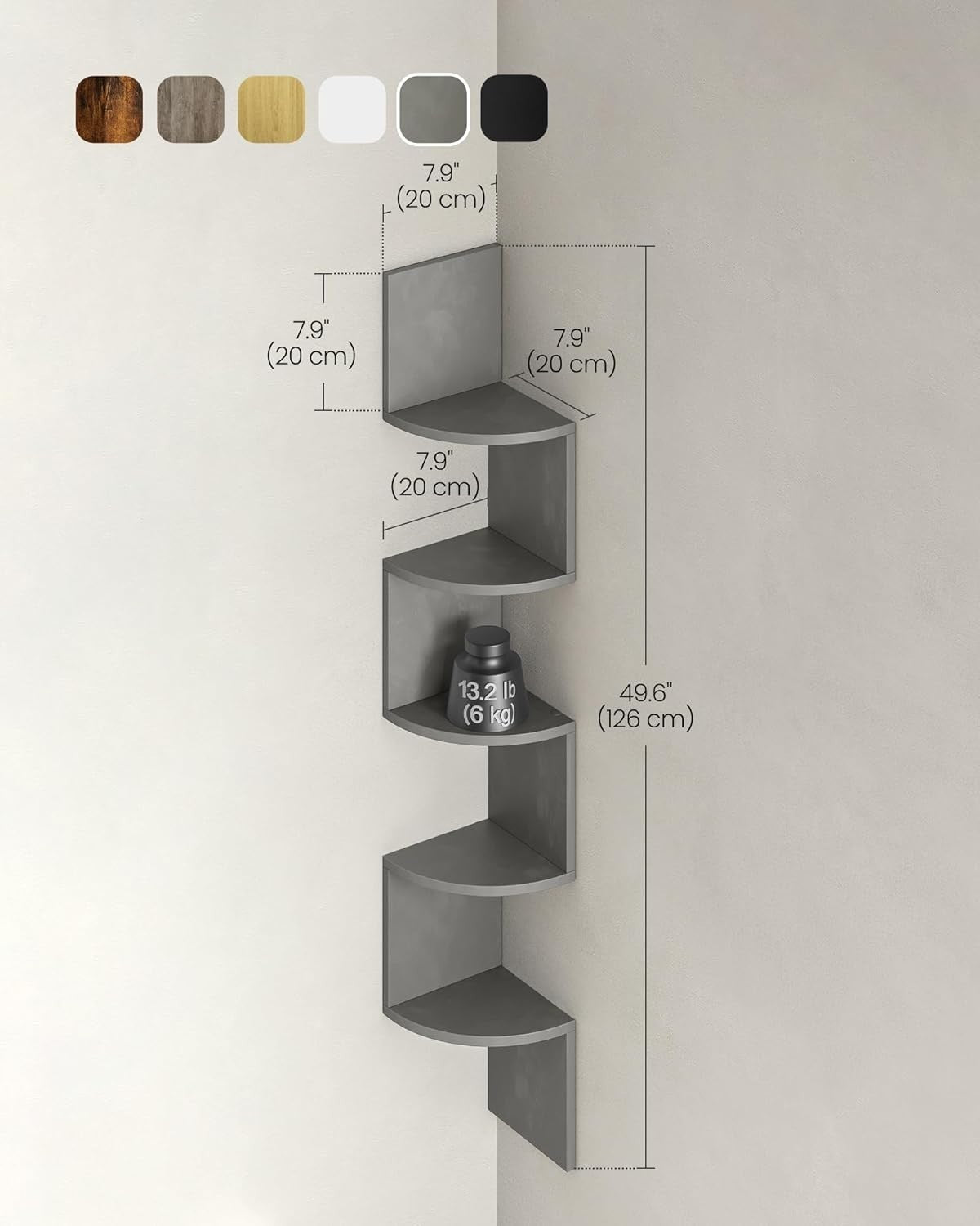 5 Tier Corner Wall Shelf Dove Grey Floating Zigzag Display Unit 126cm