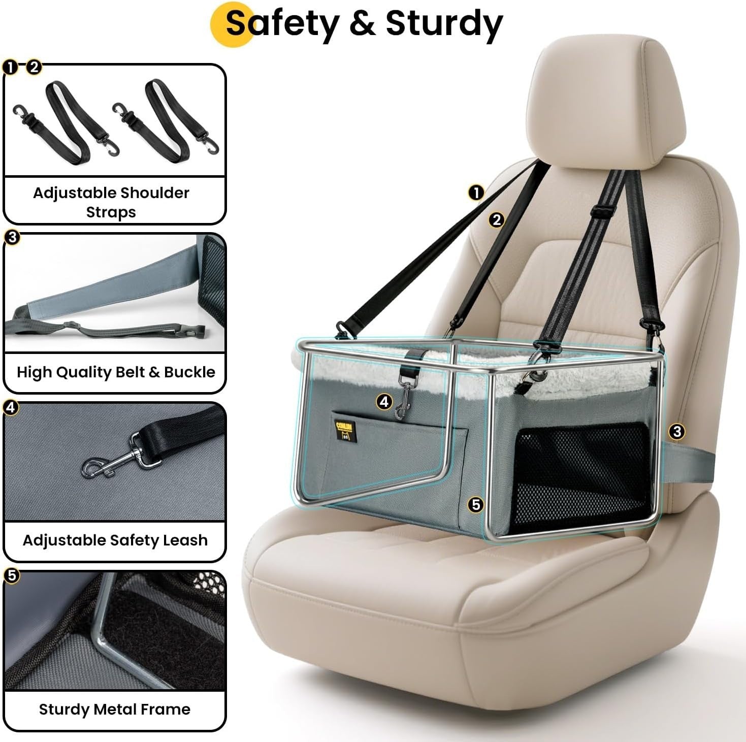 Elevated Dog Car Seat Booster Bed Safety Tether Waterproof Grey