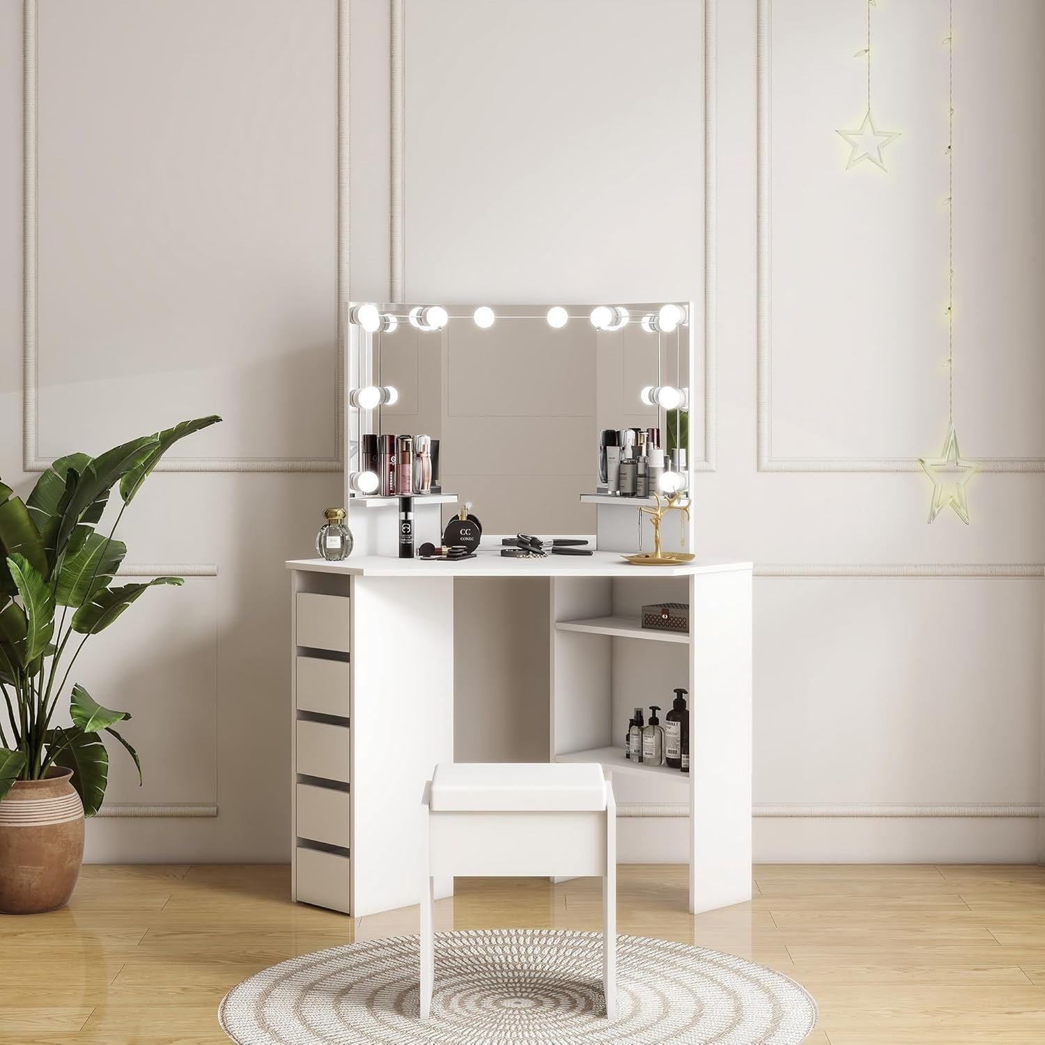 Corner Vanity Dressing Table 3 Fold Mirror 10 LED Lights 5 Drawers White/Black