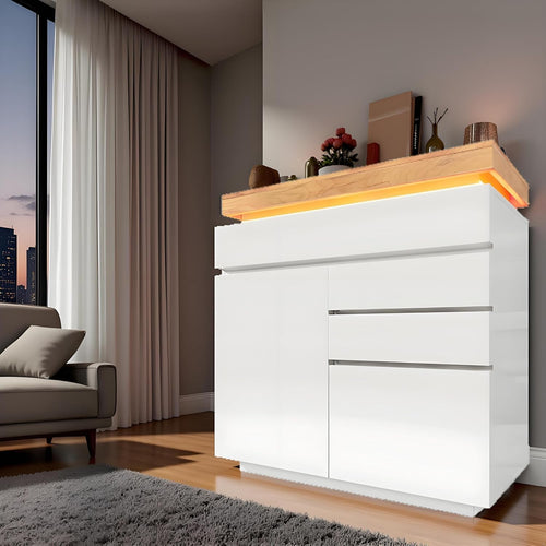 LED Sideboard Cabinet RGB Lights White High Gloss Storage Unit 110cm