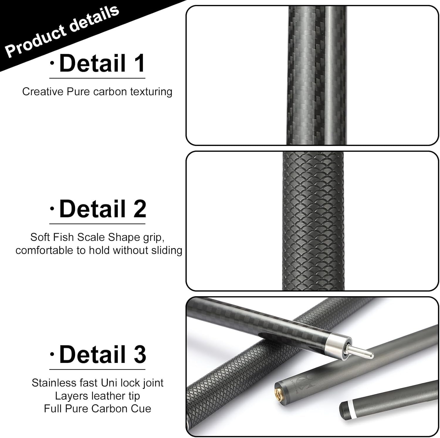 58in Carbon Fiber Pool Cue 12.5mm Tip Low Deflection 20oz Uni Lock