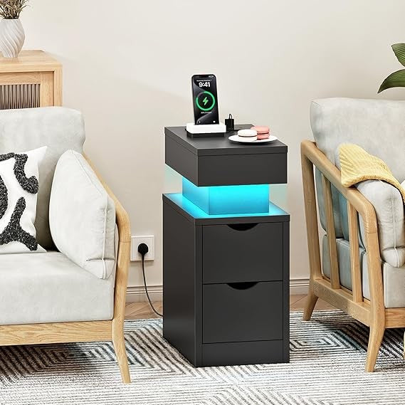 Slim LED Bedside Table with Charging Station, Modern Nightstand 2 Drawers, Small