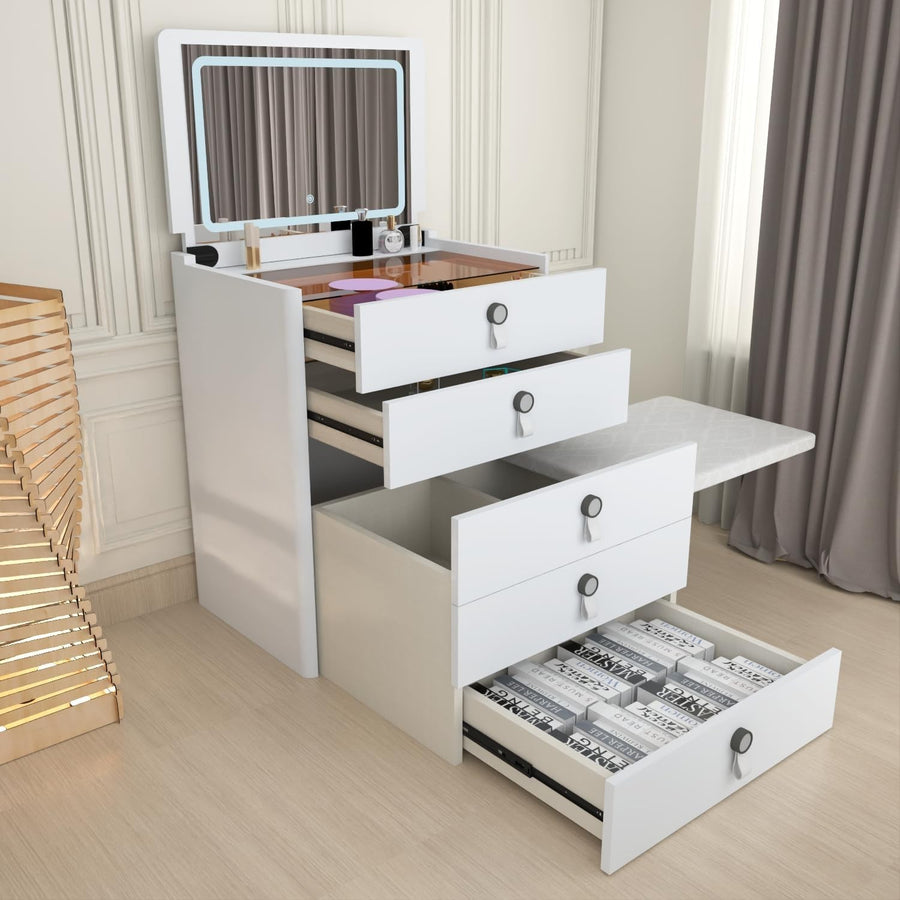 White High Gloss Dressing Table Desk 5 Drawer Flip Mirror Storage Stool 95cm