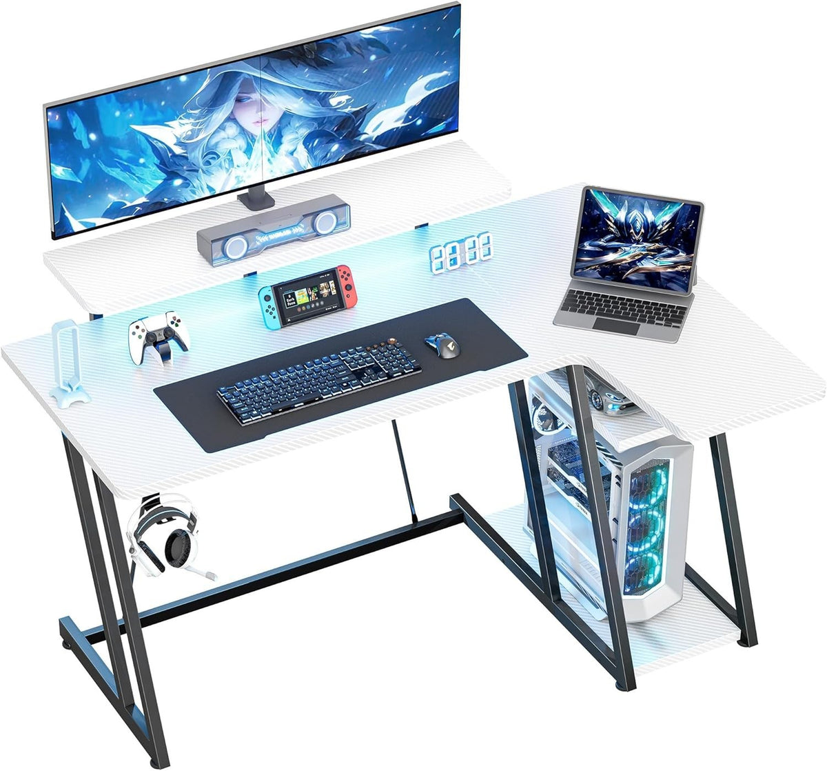 White 120cm L Shaped Gaming Desk with LED Lights W/ Monitor Stand & Shelves