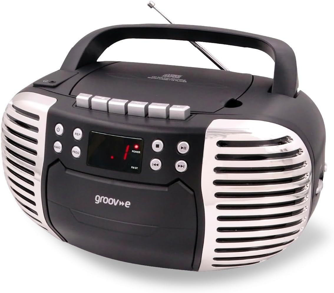 Retro Boombox CD & Cassette Player with Radio, Aux & Headphones – Black