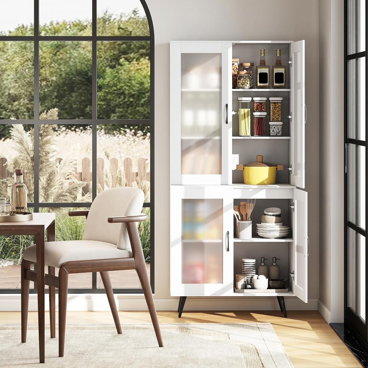 Tall Kitchen Pantry Cupboard 5-Tier Storage Cabinet with Translucent Doors & Adj