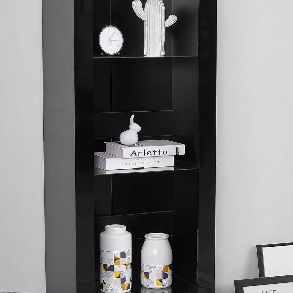 Tall Black Display Cabinet with Glass Shelves & RGB LED Lights Modern Storage
