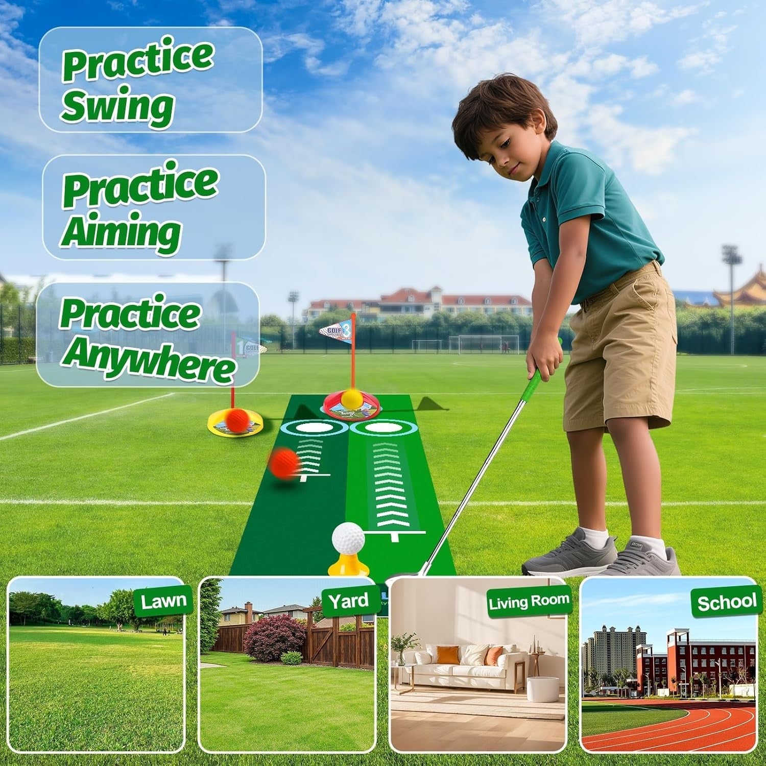 Kids Golf Set w/ Automatic Ball Return, Putting Mat & Clubs Indoor Outdoor