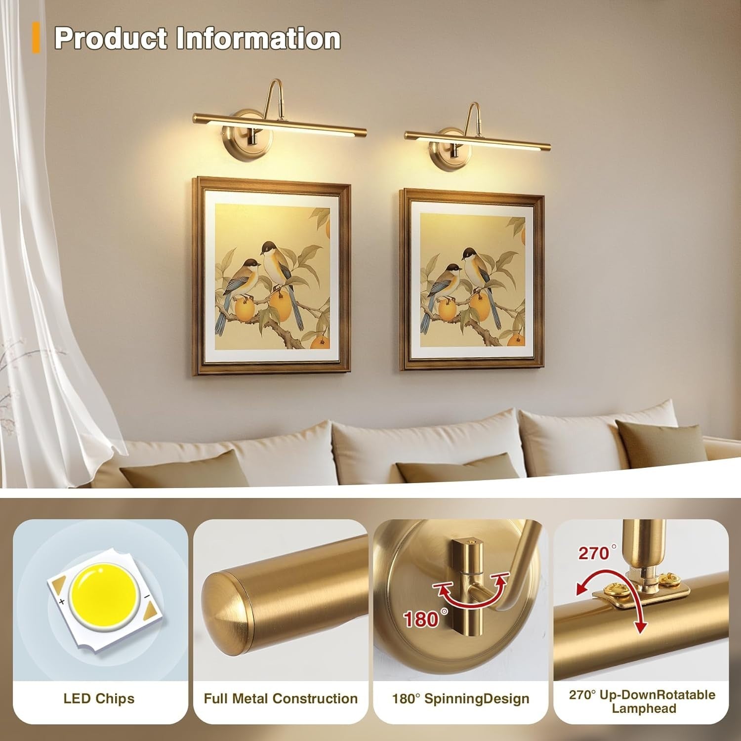 LED Picture Light 16.5" Brass Swing Arm Warm White Wall Lamp