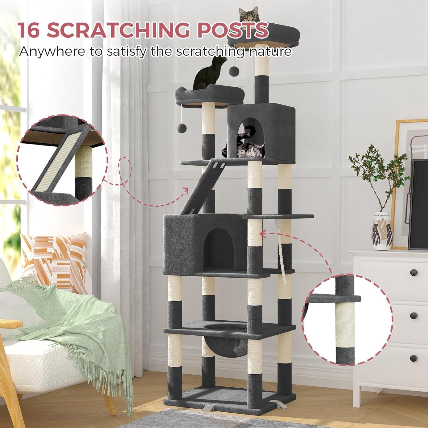 208cm Tall Cat Tree Tower Dark Grey Anti-Tip Multi-Level Condo Scratcher