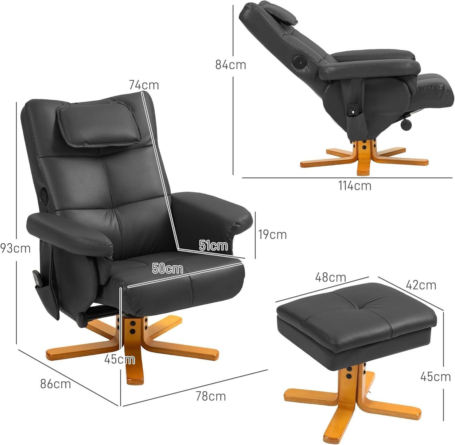 Massage Recliner Chair w/ Footstool USB Storage Faux Leather Armchair Black
