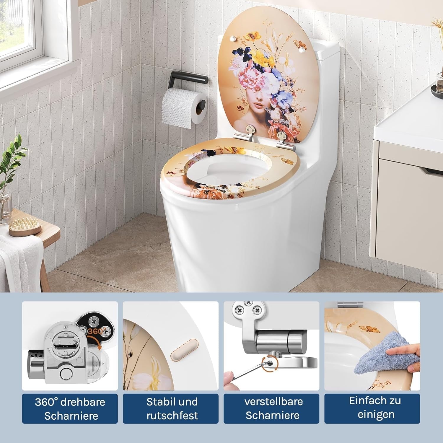 O-Shaped Wooden Toilet Seat Soft Close Quick Release Hinges Flower Goddess