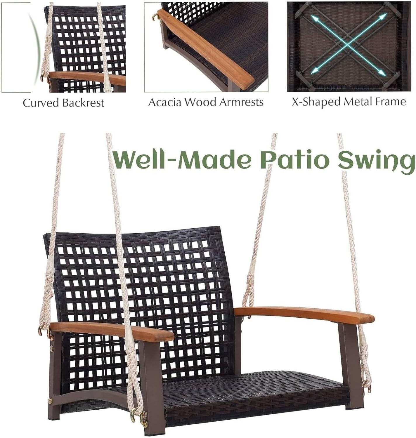 Outdoor Rattan Hanging Swing Chair with Armrests Heavy Duty Patio Seat