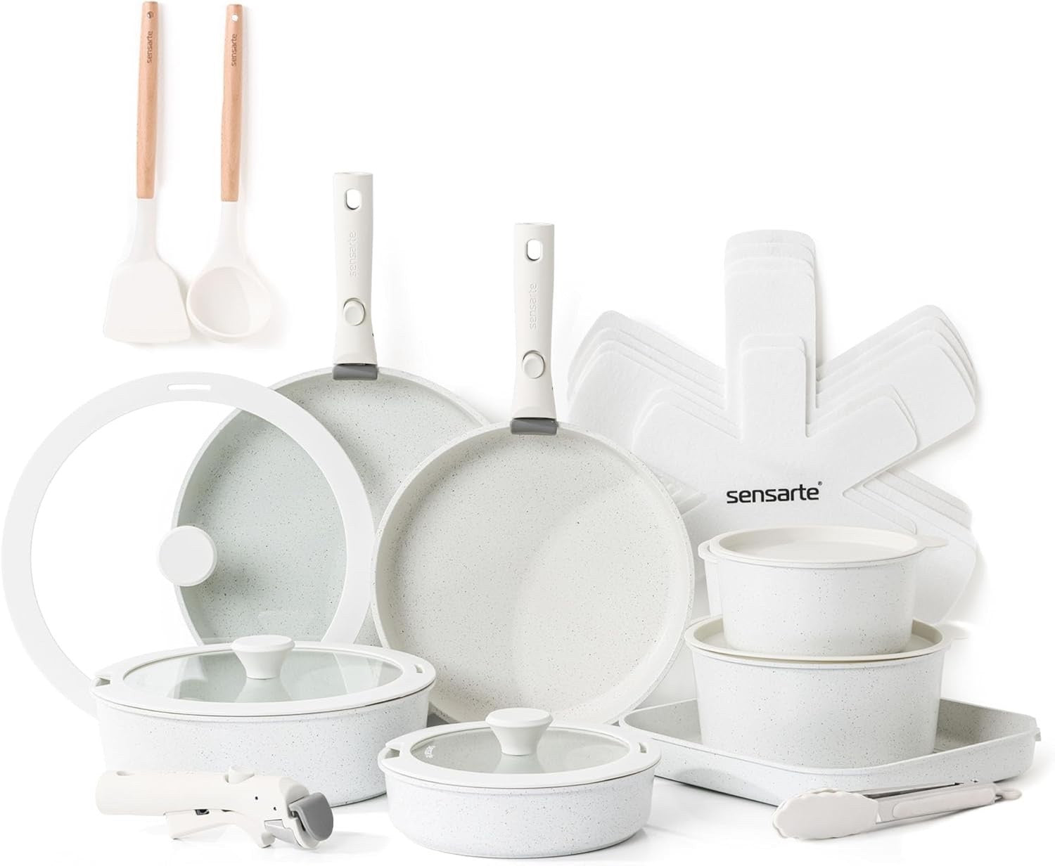 24pcs White Non Stick Cookware Set Detachable Handle Induction Oven Safe