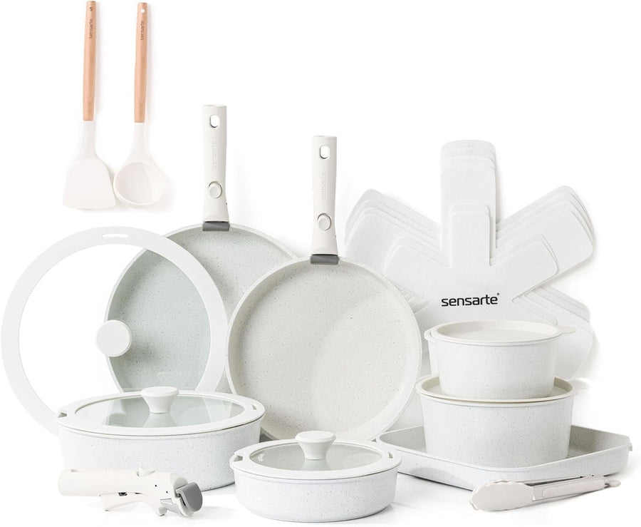 24pcs White Non Stick Cookware Set Detachable Handle Induction Oven Safe