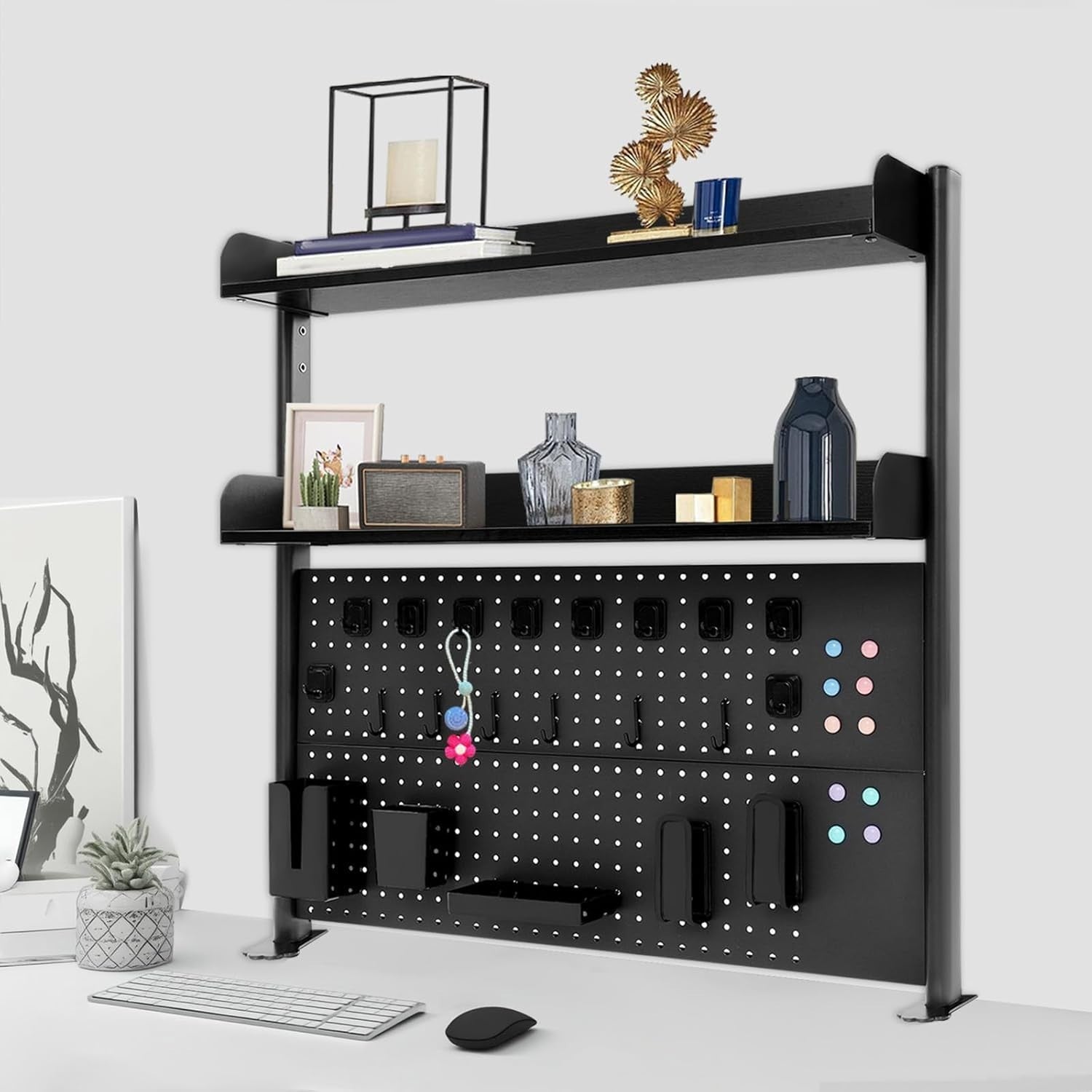 Clamp-On Desk Pegboard Shelf 2-Tier Desktop Organizer Privacy Panel Black