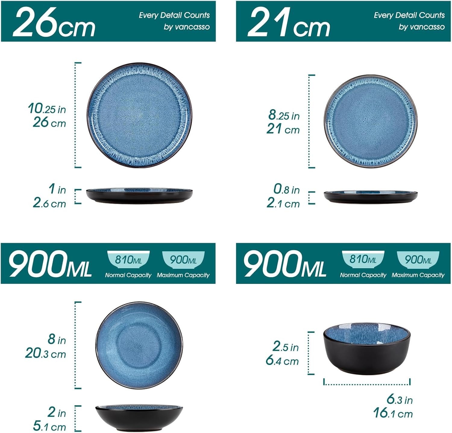 48pc Blue Dinner Set Plates Bowls Stoneware Reactive Glaze Service for 12
