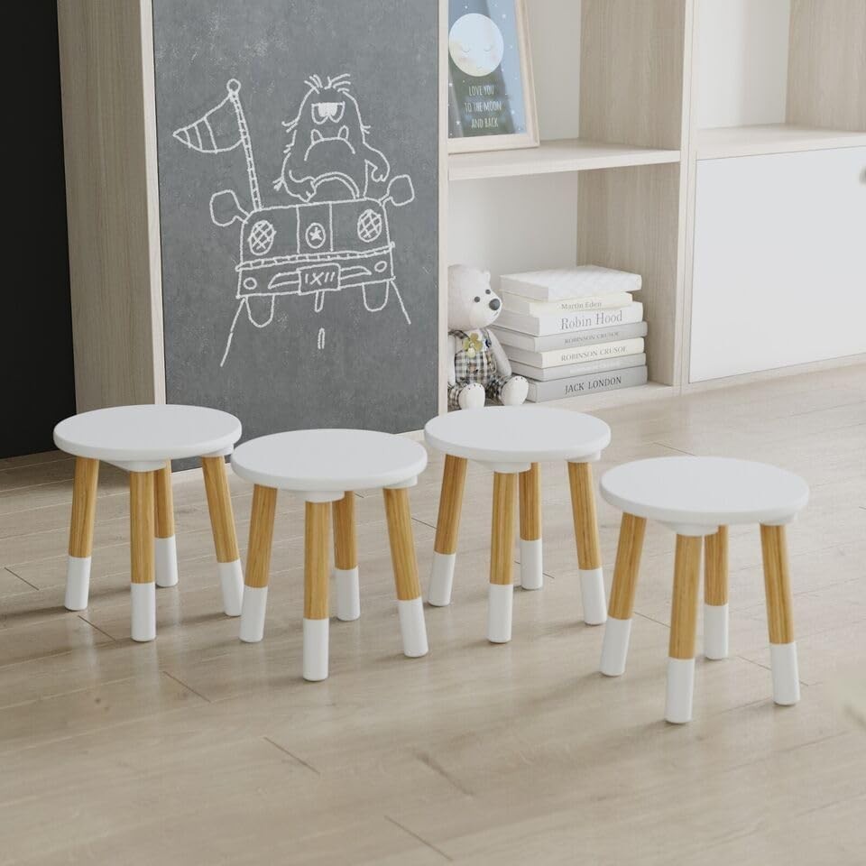 Kids Wooden Round White Table & 4 Chair Set, Durable Toddler Activity Desk
