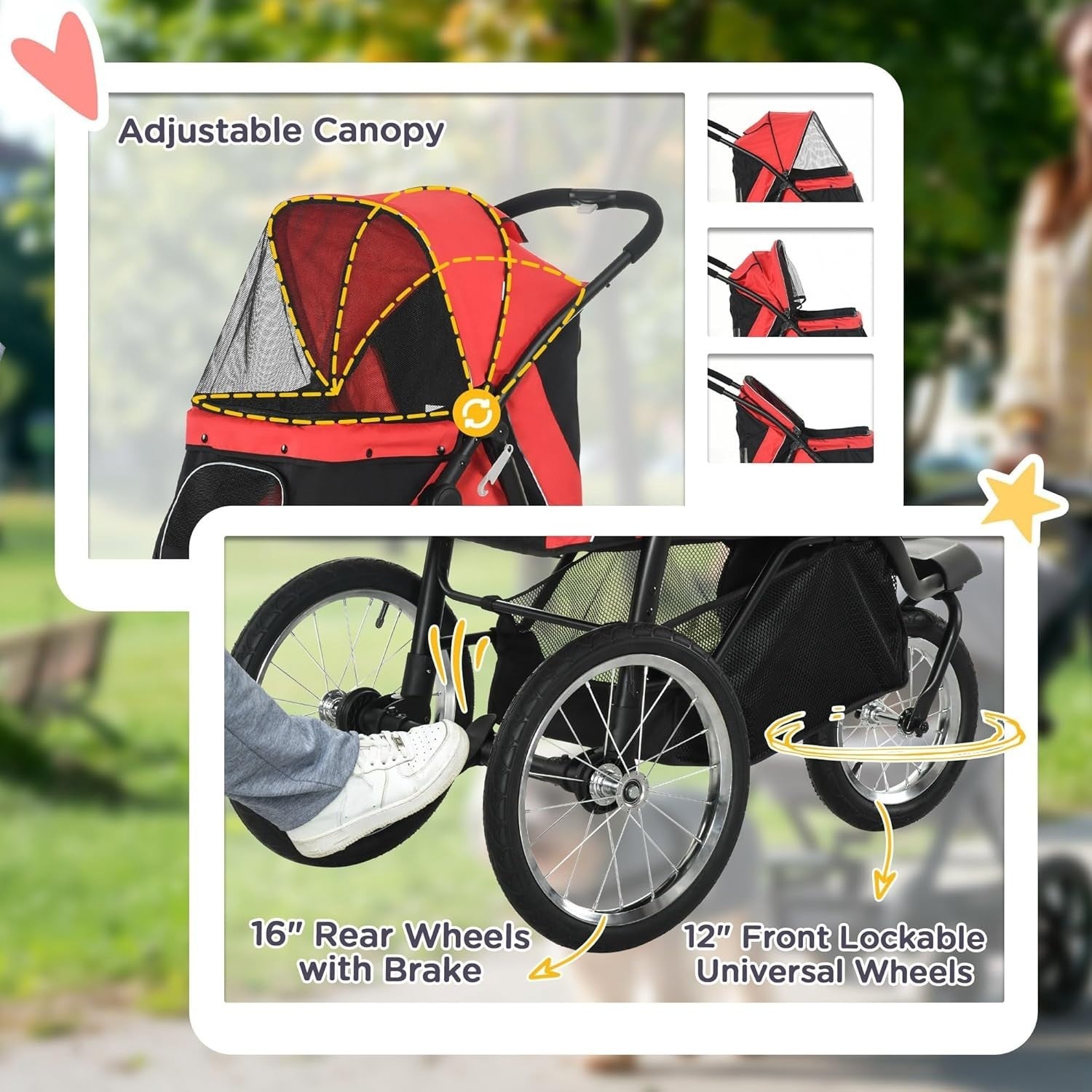 Foldable Dog Stroller Jogger for Small & Medium Pets up to 20kg, 3 Wheel