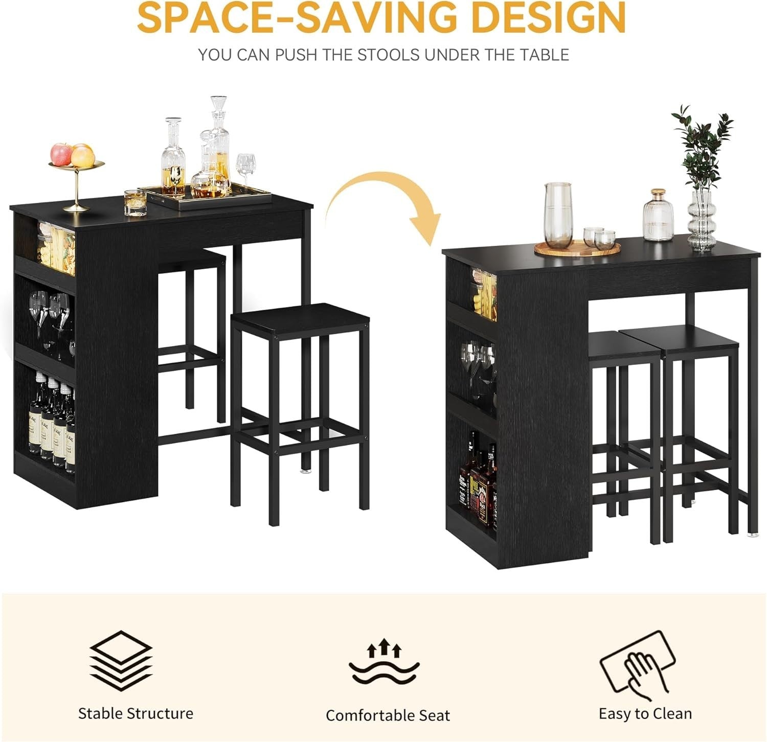 Black Bar Table Set with 2 Stools Industrial Wood Top Storage Shelves Furniture