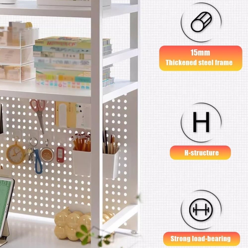 White 2-Tier Desk Organizer Shelf w/ Pegboard | Metal Desktop Rack 75x20x98cm