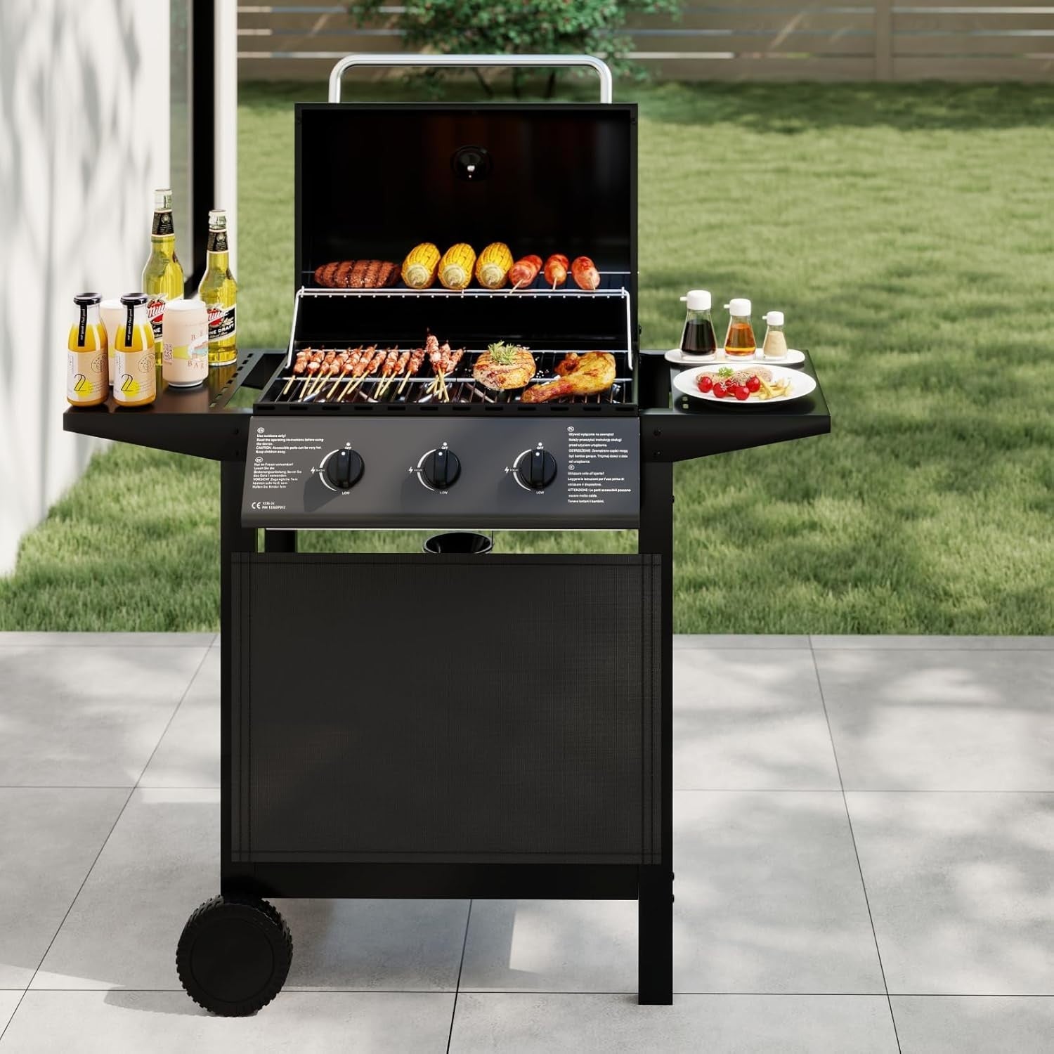 3 Burner Gas BBQ Grill with Lid, 49x106x98cm, Thermometer, Side Shelves & Wheels