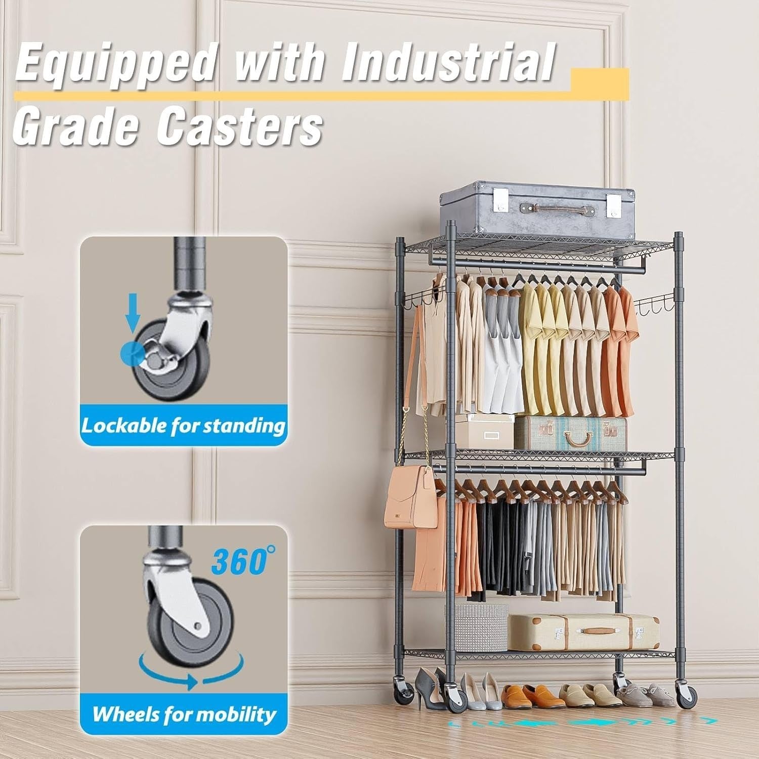 Heavy Duty 3-Tier Double Rod Clothes Rail with Wheels – Grey 205cm