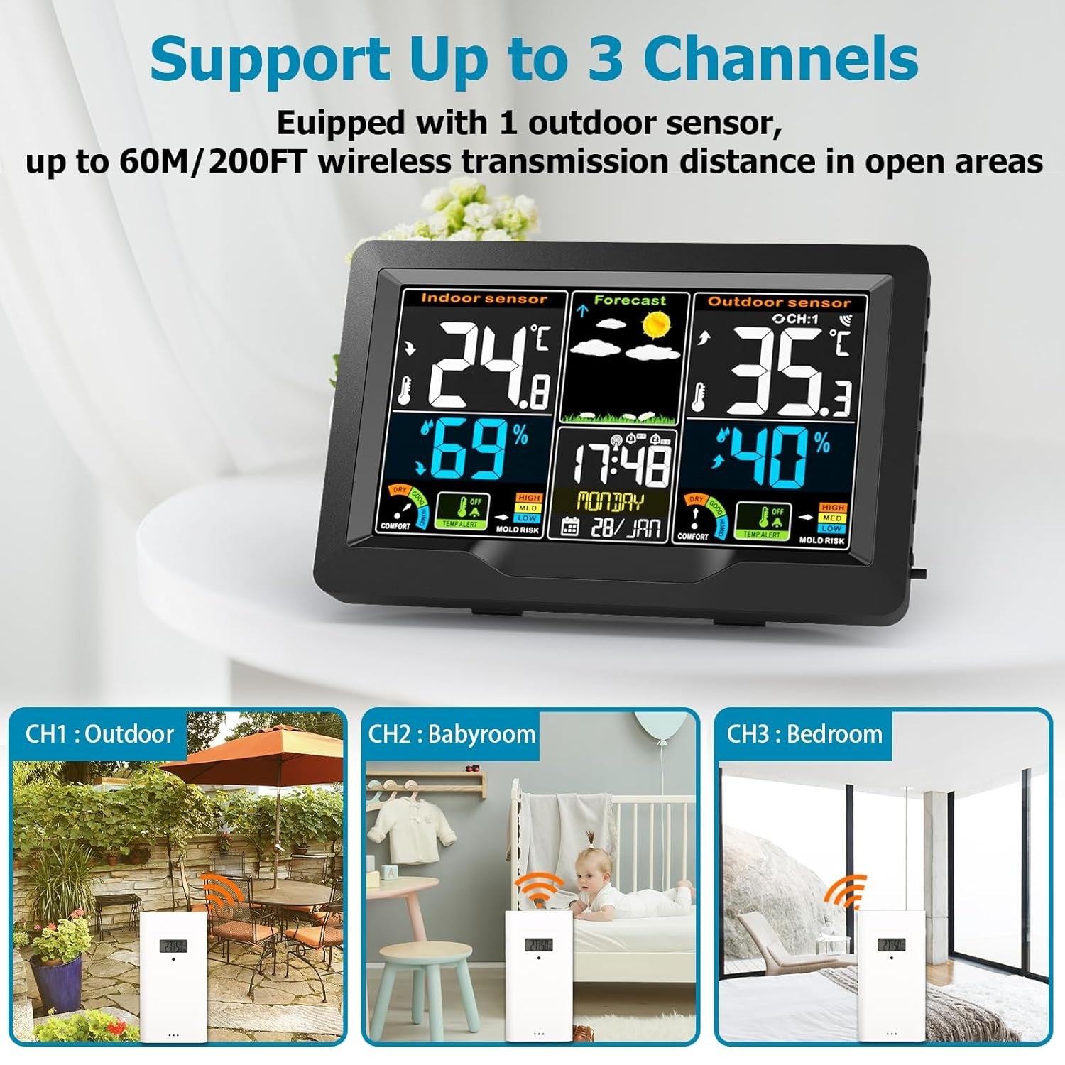 Wireless Weather Station Indoor Outdoor Sensor Large LCD Temp Humidity