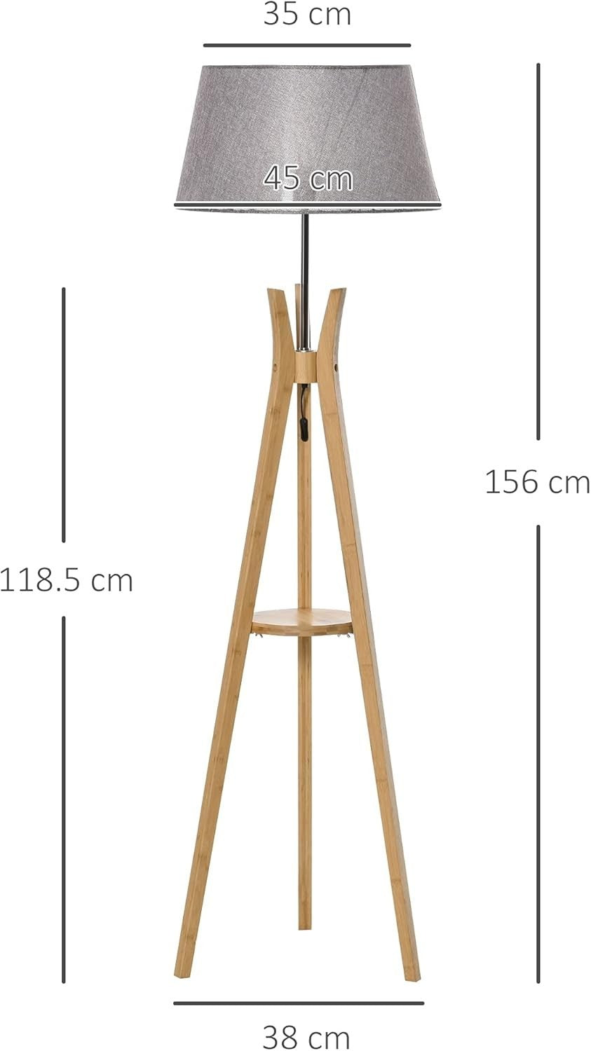 Wood Tripod Floor Lamp with Shelf E27 Grey Shade Tall Light for Living Room