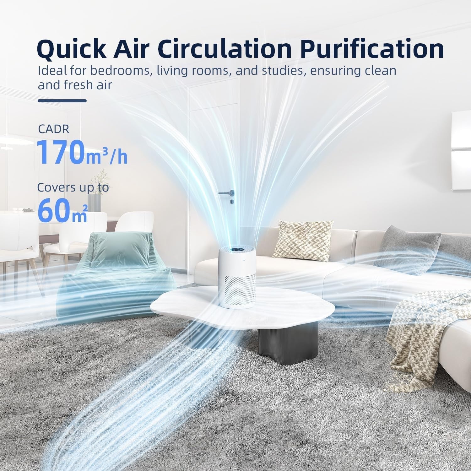 Quiet HEPA Air Purifier 60㎡ CADR 170 Smoke Odour Pet Dander Sleep