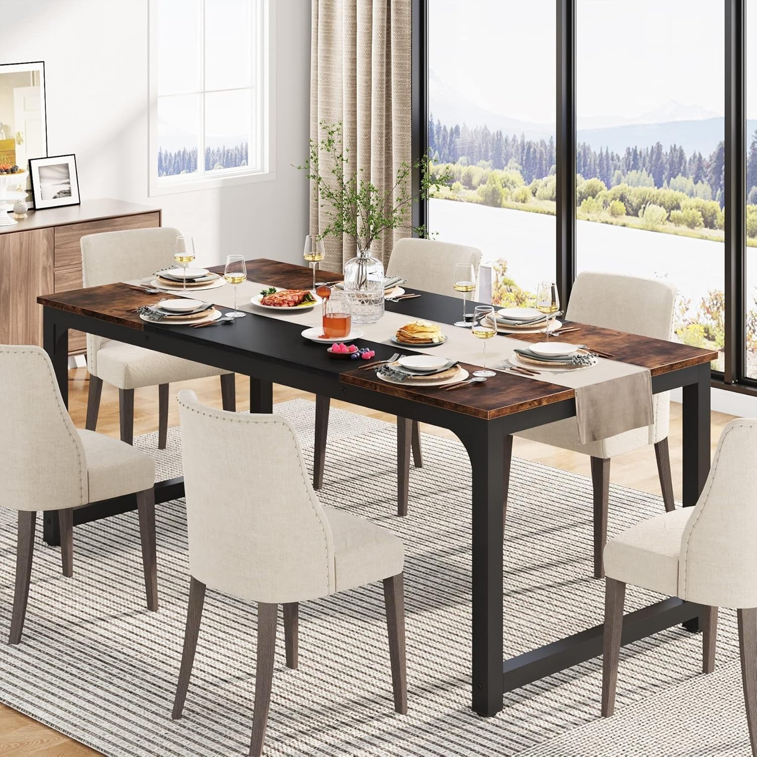 Industrial Dining Table for 6-8 – Metal Frame, Rustic Wood, 180cm