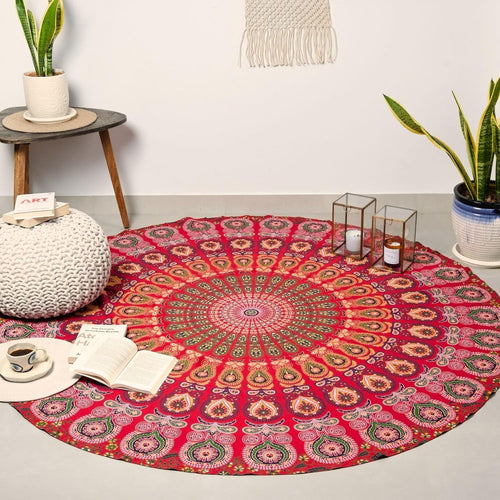 Round Peacock Mandala Tapestry 72in Boho Wall Hanging Cotton