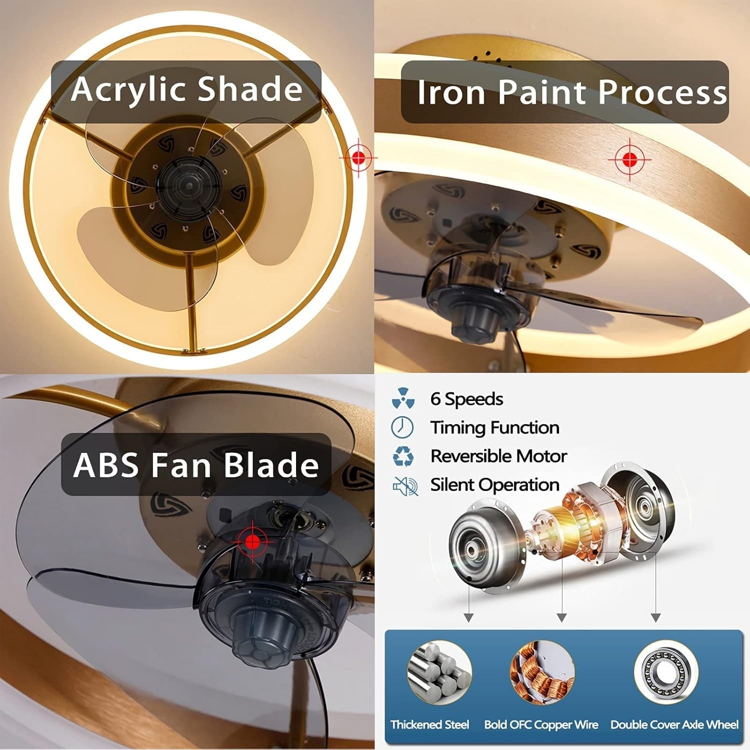 40CM LED Ceiling Fan Light, 6 Speeds, Remote & App Control, Dimmable, Black