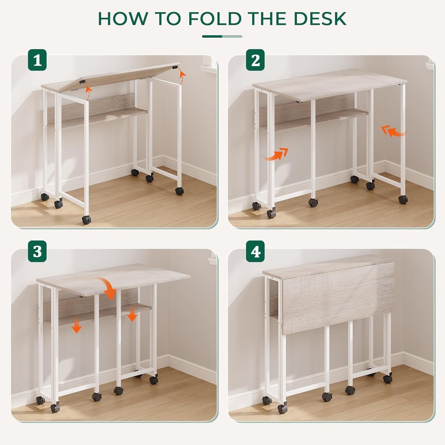 Folding Computer Desk Rolling Laptop Table with Storage Shelf Wheels Oak